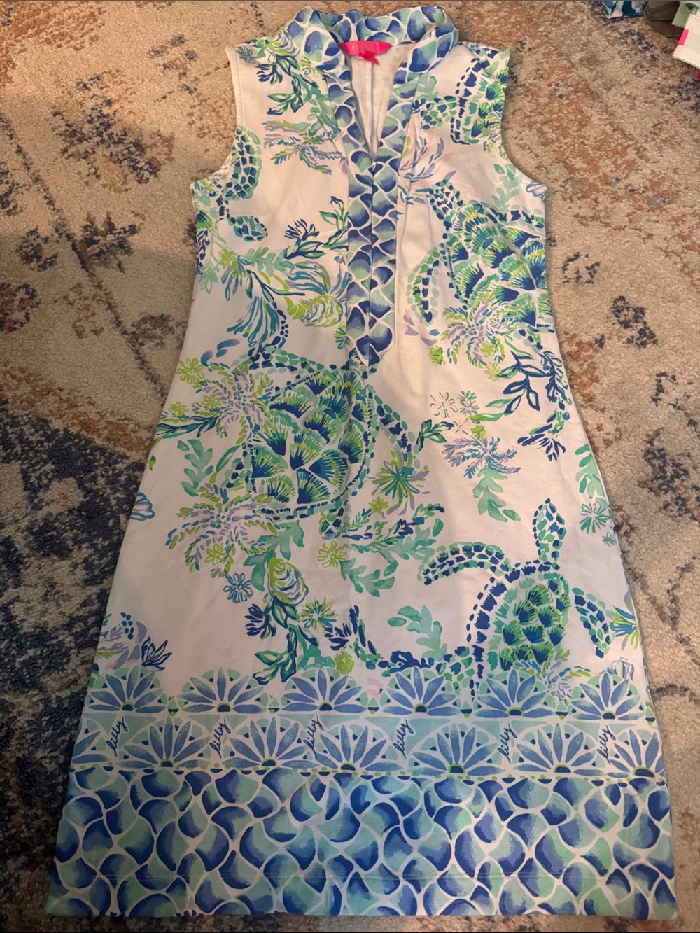 Lilly Pulitzer White Dress with Blue and Green Floral Sea Turtle Print